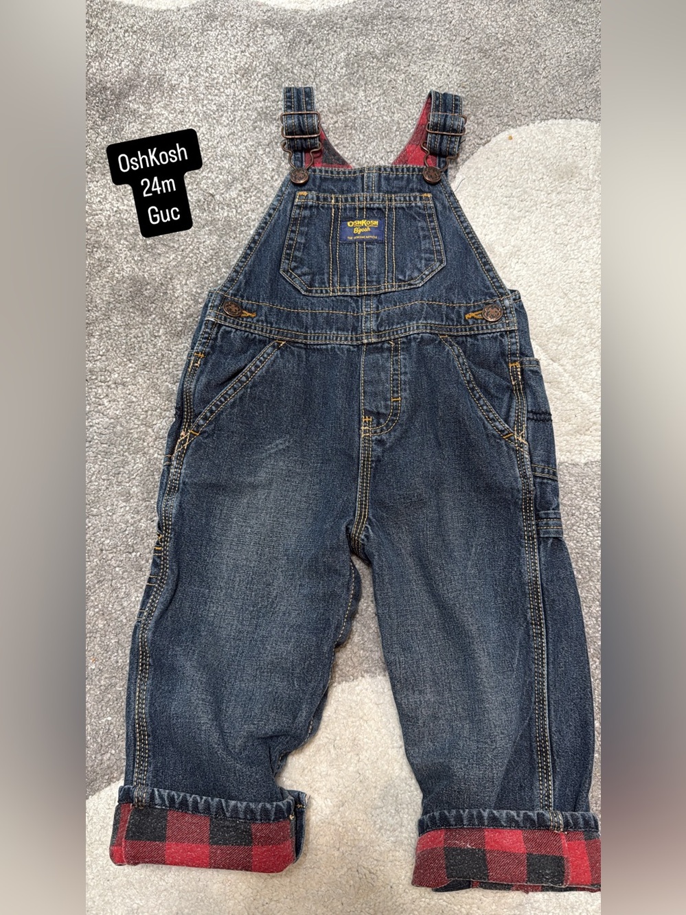 Vintage OshKosh B'gosh Dark Blue Denim Overalls with Red Plaid Lining